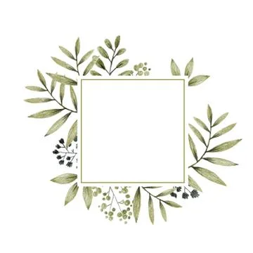 Geometric shape frame, green and gray leaves branches and flowers, drawing in Stock Illustration