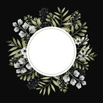 Geometric shape frame, green and gray leaves branches and flowers, Stock Illustration