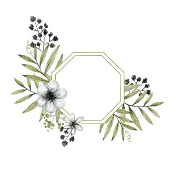 Geometric shape frame, green and gray leaves branches and flowers, freehand Stock Illustration