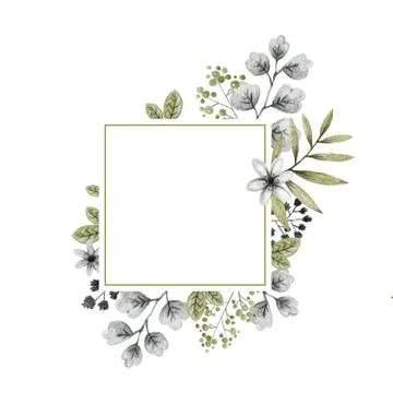 Geometric shape frame, green and gray leaves branches and flowers, freehand Stock Illustration