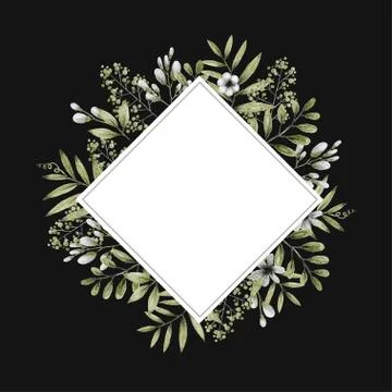 Geometric shape frame, green and gray leaves branches and flowers, freehand Stock Illustration
