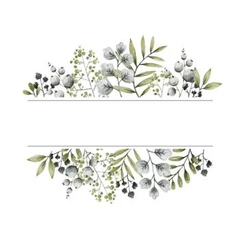 Geometric shape frame, green and gray leaves branches and flowers, freehand Stock Illustration
