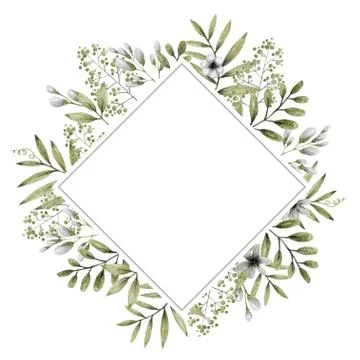 Geometric shape frame, green and gray leaves branches and flowers, freehand Stock Illustration