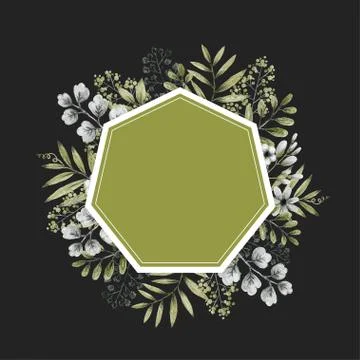 Geometric shape frame, green and gray leaves branches and flowers, freehand Stock Illustration