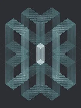 Geometric shape of intertwining lines with glowing core on dark grid イラスト素材