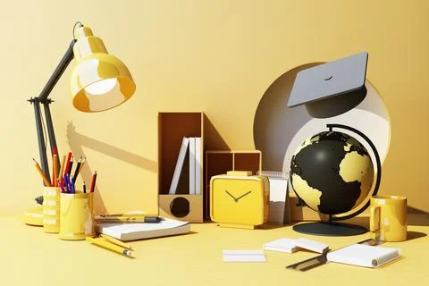 Geometric shape minimal composition and school supplies over the yellow paste Stock Illustration