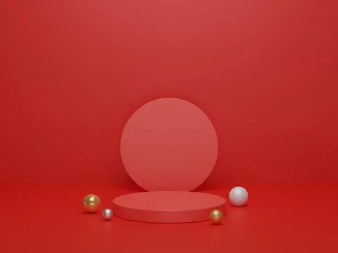 Geometric shape podium on red background. Platforms for product presentation, Stock Photos