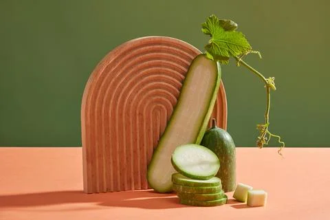 A geometric shaped object decorated with several slices of winter melon. Wint Stockfoto's