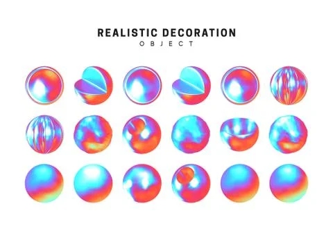Geometric shapes 3d round spherical objects. gradient hologram color. metal b Stock Illustration