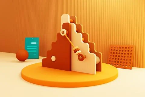 Geometric shapes in an abstract composition with elements of toys. 3D render Illustrazione stock