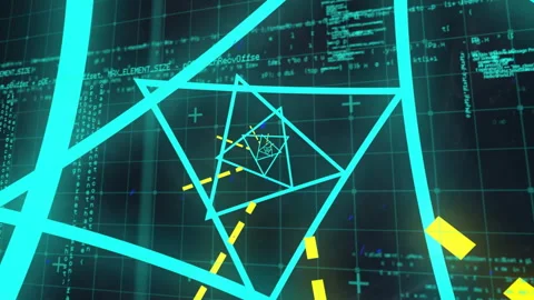 Geometric shapes and coding data animation over digital grid background Stock Footage 305059570