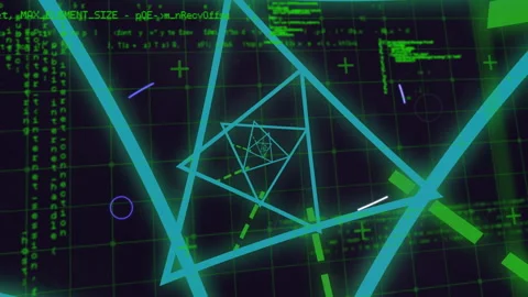 Geometric shapes and coding text animation over digital grid background Stock Footage 304806762