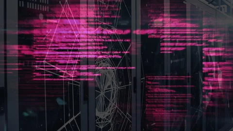 Geometric shapes and data lines animation over server racks in data center Stock Footage 304101950