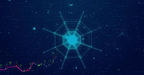 Geometric shapes and data points image over dark blue background Stock Photos