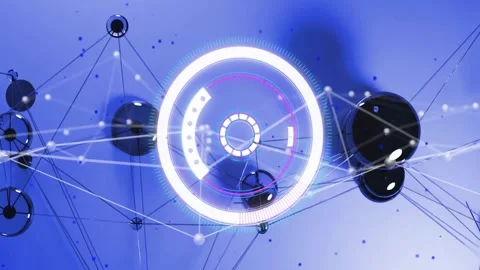 Geometric shapes and interconnected nodes with circular digital interface Stock Footage 327962102