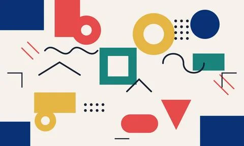 Geometric shapes and lines create a colorful memphis style vector pattern Stockillustratie