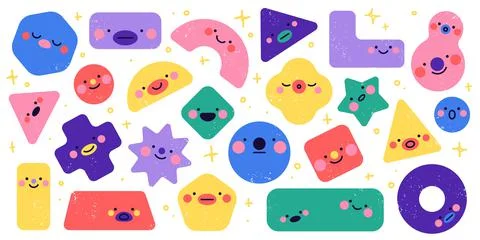 Geometric shapes characters. Funny different simple figures, square triangle and Stock Illustration