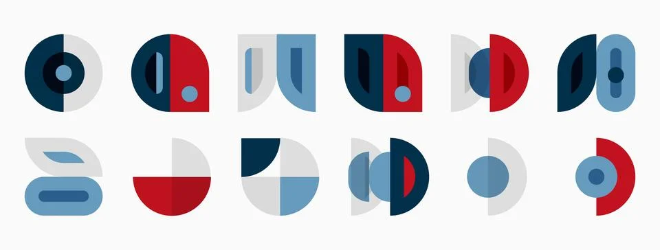 Geometric shapes, circles, rectangles, blue, red, gray. Minimalist design, Stock Illustration