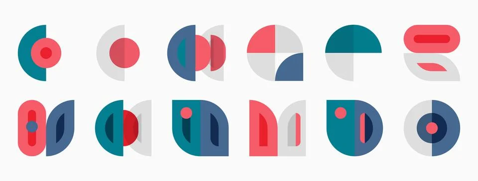 Geometric shapes, circles, rectangles, teal, red, gray. Minimalist design, Stock Illustration