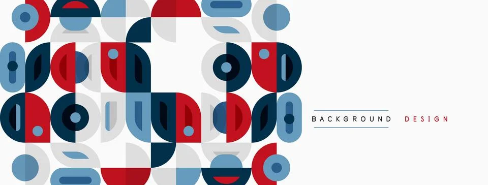 Geometric shapes, circles, squares, rectangles create abstract pattern. Red, イラスト素材