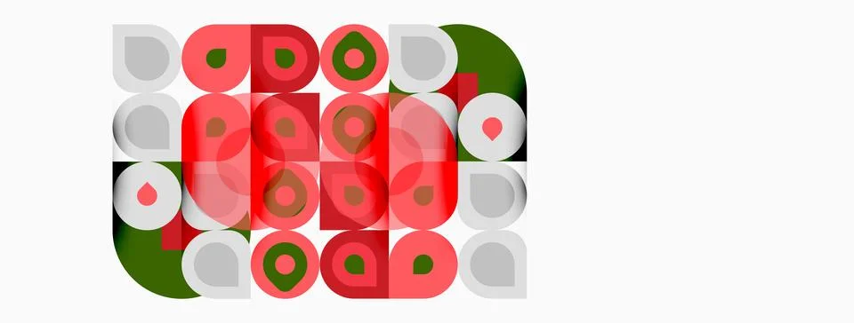 Geometric shapes, circles, squares, rectangles. Red, green, gray colors form Illustration