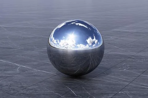 Geometric shapes with cloudy environment reflected on sphere. 3d rendering Stock Illustration