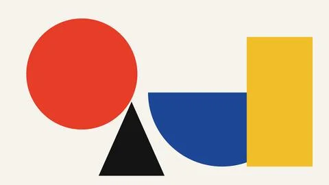 Geometric shapes composition with red circle black triangle blue arc yellow.. Stock Illustration