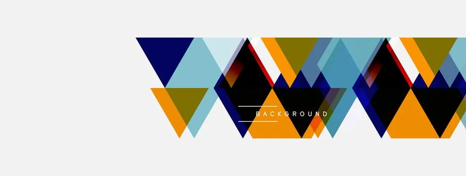 Geometric shapes create abstract pattern. Blue, orange, gray triangles form Illustrazione stock