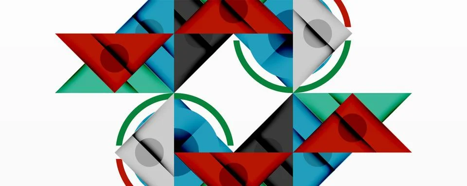 Geometric shapes create symmetrical pattern. Red, green, blue, gray elements Illustrazione stock