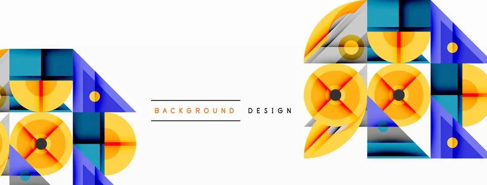 Geometric shapes create vibrant pattern. Yellow, blue hues dominate design. Stock Illustration