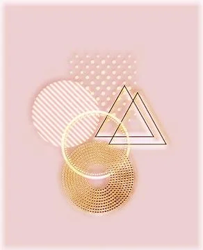 Geometric shapes of different sizes, shapes and styles, white, pink golden Stock Illustration