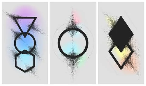 Geometric shapes dissolve into dust on a gradient background, splitting parti Illustrazione stock