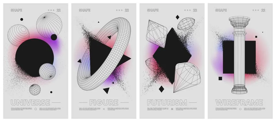 Geometric shapes dissolve into dust on a gradient background, Wireframes st.. Stock Illustration