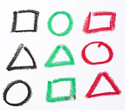 Geometric shapes drawn with colored chalk squares, circles and triangles in.. Stock Illustration