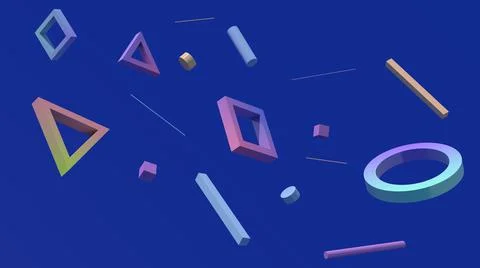 Geometric shapes flying, blue background, hard light. 3d render. Stock Illustration