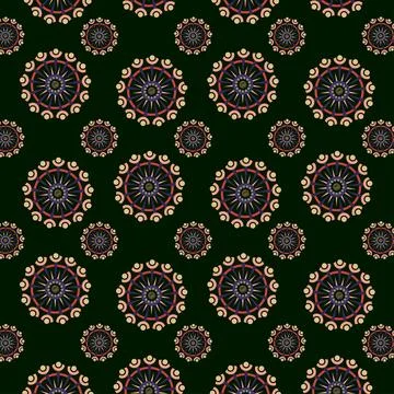 Geometric shapes in the form of circles with rays on a dark green background. Stock Photos
