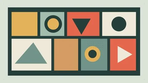 Geometric shapes grid with circle triangle square play button icons on neut.. Stock Illustration