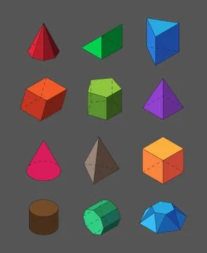 Geometric shapes isometric set. Pyramidal red polygons orange squares and Stock Illustration
