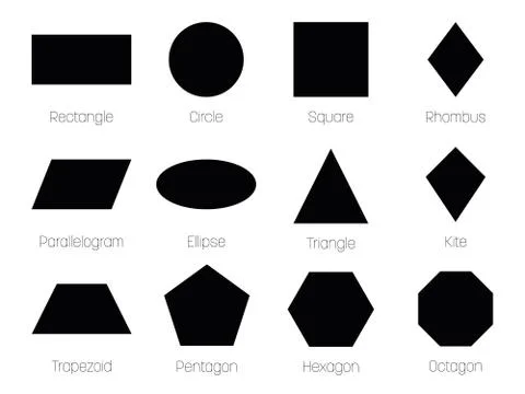 Geometric shapes with labels. Set of 12 basic shapes. Simple flat vector Illustrazione stock
