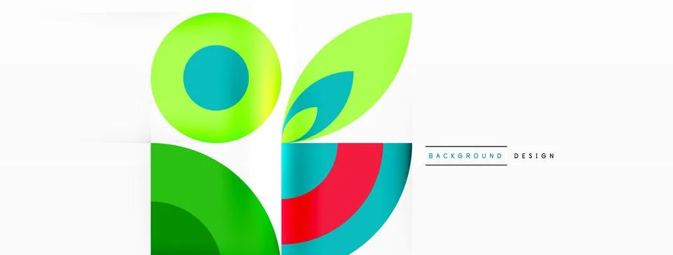 Geometric shapes with leaf pattern in green, blue, and red on white background Stock Illustration