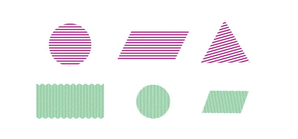 Geometric shapes with line patterns including striped circle, triangle, rec.. Illustrazione stock