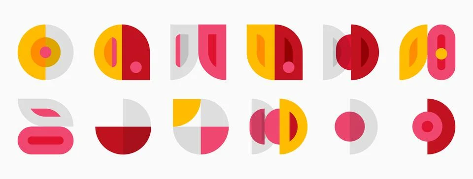 Geometric shapes, mostly circles, rectangles, variations. Red, orange, pink.. Illustrazione stock