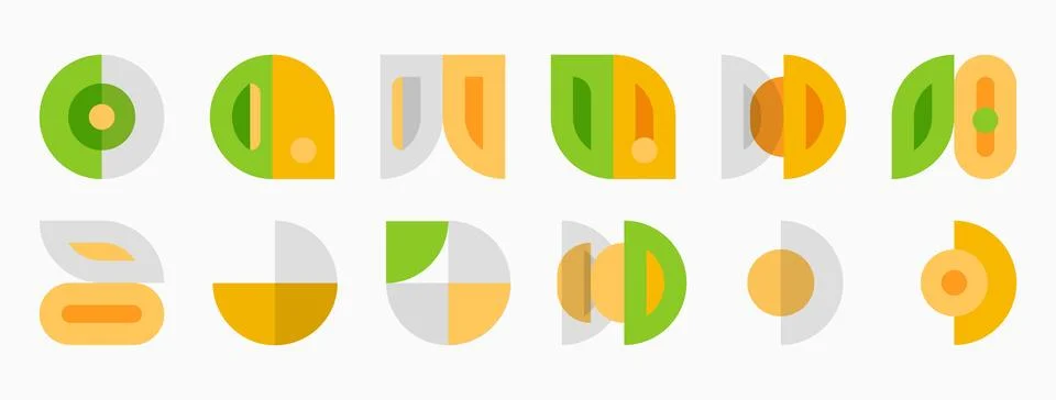 Geometric shapes, mostly circles, rectangles, curves. Colors include green, Illustrazione stock