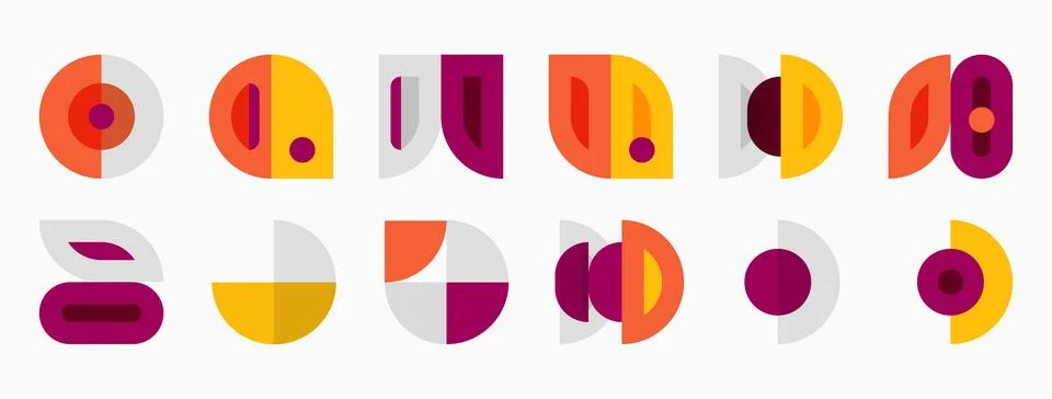 Geometric shapes, mostly circles, rectangles, variations. Colors include Illustrazione stock