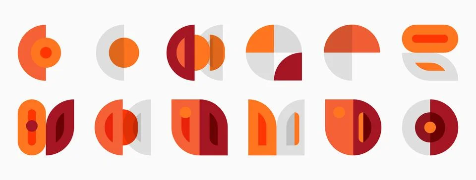 Geometric shapes, mostly circles, rectangles, variations. Warm color palette Stock Illustration