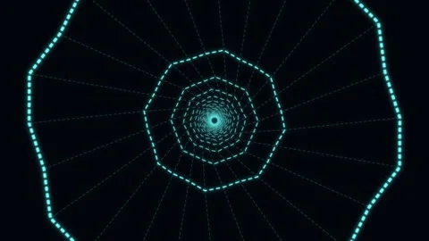 Geometric shapes move in a pattern with light effects in dark space Stock Footage 336995564