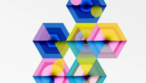 Geometric shapes overlap, creating complex patterns. Hexagons, triangles, Stockillustratie