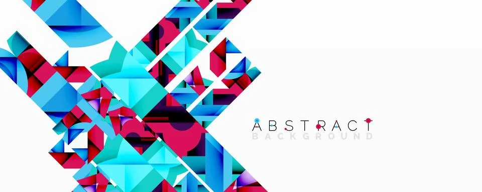Geometric shapes overlap, creating vibrant abstract composition. Blue, red, Illustrazione stock