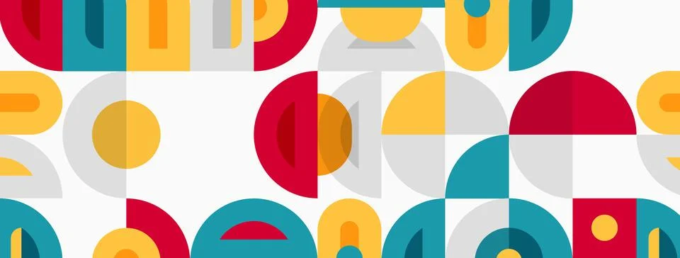 Geometric shapes overlap, creating vibrant pattern. Circles, semicircles, Stock Illustration
