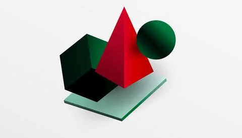 Geometric shapes overlap. Red pyramid, green cube, sphere rest upon light teal Stock Illustration